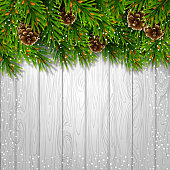 Border on top is made of evergreen spruce branches, pine cones and snowflakes. For Christmas decorations and greeting card designs. Isolated, on a wooden, light background. Realistic vector illustration.