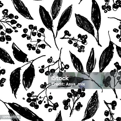 istock Branches with leaves and berries seamless pattern. 1399401234