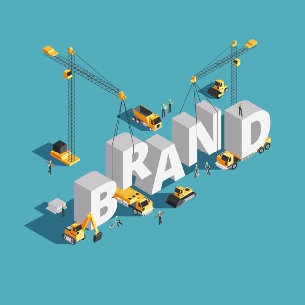 Brand building construction 3d isometric vector concept with construction machinery and workers Brand building construction 3d isometric vector concept with construction machinery and workers. Build construction brand conceptual illustration advertisement stock illustrations