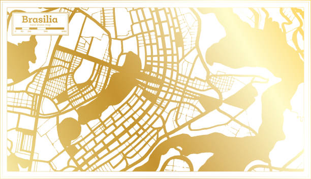 ilustrações, clipart, desenhos animados e ícones de mapa da cidade de brasília brasil em estilo retrô em golden color. mapa de contorno. - brasília