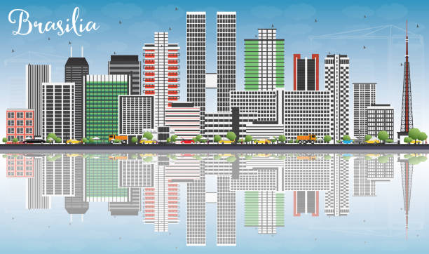 ilustrações, clipart, desenhos animados e ícones de horizonte de brasília com edifícios cinzas, céu azul e reflexões. - brasília
