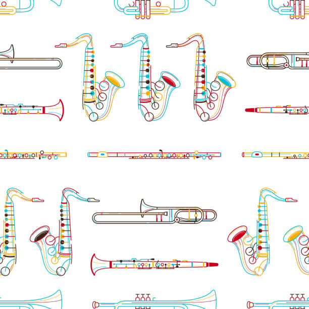 bildbanksillustrationer, clip art samt tecknat material och ikoner med mässing instrument handritad kontur sömlösa mönster - klarinett