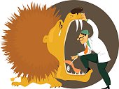 Dentist stepping into an open mouth of a crying lion, examining his teeth, vector cartoon, EPS 8, no transparencies