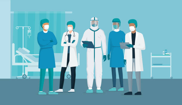 Brave doctors and nurses fighting coronavirus in the hospitals Professional doctors and nurses posing together in a hospital ward and wearing protective suits, virus outbreak emergency concept protective workwear stock illustrations