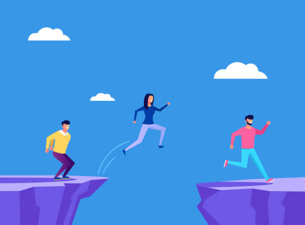 Brave people businessmen office workers characters jump across the cliff. Business strategy concept. Vector flat cartoon graphic design illustration Brave people businessmen office workers characters jump across the cliff. Business strategy concept. Vector flat cartoon graphic design cliffs stock illustrations