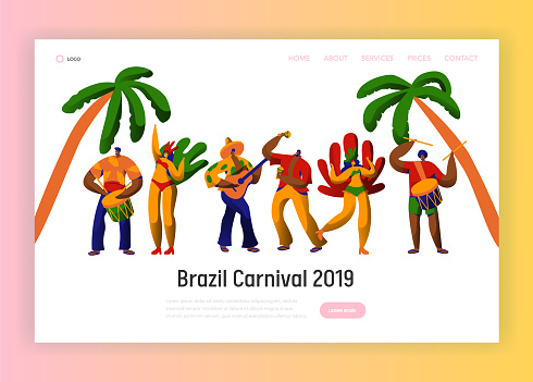 Brazil Carnival Party Character Dance Landing Page. Man Woman Dancer at Brazilian Ethnic Festival in Exotic Costume Concept for Website or Web Page. Flat Cartoon Vector Illustration