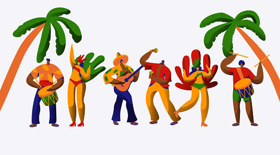 Brazil Carnival Party Character Dance Samba Set. Man Woman Dancer at Brazilian Ethnic Festival Isolated on White Background. Exotic Costume People Collection Flat Cartoon Vector Illustration