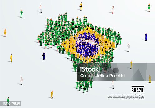 istock Brazil Map and Flag. A large group of people in Brazilian flag color form to create the map. Vector Illustration. 1311947539