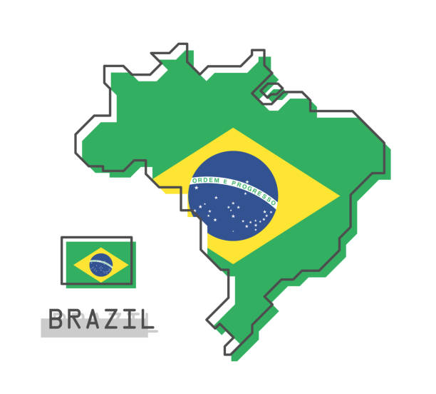 ilustrações, clipart, desenhos animados e ícones de mapa do brasil e a bandeira. projeto de banda desenhada moderna linha simples. vector. - map brazil