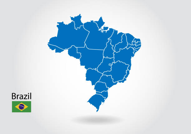 ilustrações, clipart, desenhos animados e ícones de projeto do mapa de brasil com estilo 3d. mapa azul de brasil e bandeira nacional. mapa simples do vetor com contorno, forma, esboço, no branco. - map brazil