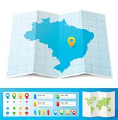 Map of Brazil folded with design elements, isolated on white background.