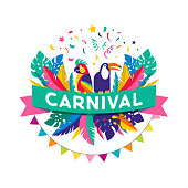 Brazilian Carnival poster, banner with colorful party elements - masks, confetti, toucan, parrot and splashes. Festival concept design