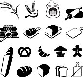 Bread black and white royalty free vector icon set. This editable vector file features interface icons on white Background. The icons are organized in rows and can be used as app icons, online as internet web buttons, in digital and print. Icon download includes vector art and jpg file. The illustration features black vector icons on white Background. App icons are elegant in design and have a modern graphic look and feel. 