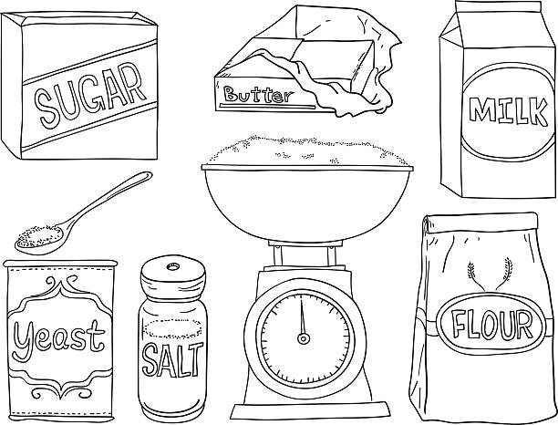 ilustrações de stock, clip art, desenhos animados e ícones de pão fazer ingredientes em preto e branco - ready mix