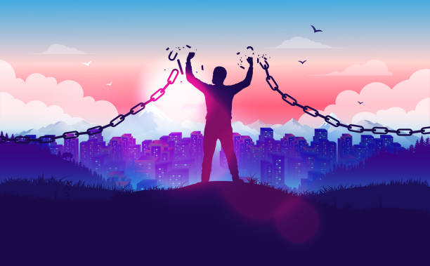 Break free from the chains - Man on hilltop braking the chains with sunrise and city in background Freedom, liberation, hope and justice concept in vector illustration. breaking chains stock illustrations