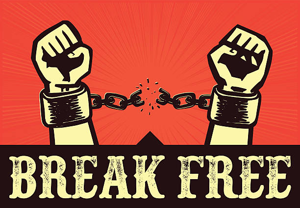 Break free! Hands with clenched fists breaking bonds or chains I want to break free! Hands with clenched fists breaking bonds or fetters, cast off the chains around the wrists, throw off the shackles, free your mind breaking chains stock illustrations