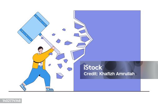 istock Break free, quit exhausted day job to start a new business, escape for freedom, resign from toxic workplace, or consider retirement concepts. Businessman holding a hammer breakthrough the wall 1402774148
