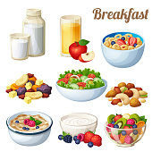 Breakfast 2. Set of cartoon vector food icons isolated on white background. Milk, apple juice, cold cereal, nuts dried fruits, greek salad, oatmeal yohurt, fruit salad