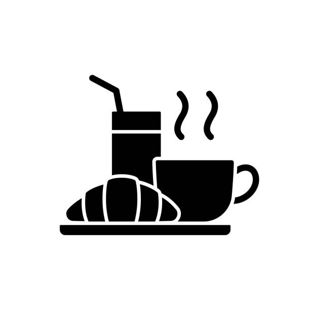 Breakfast black glyph icon Breakfast black glyph icon. Light morning meal consisting of pastries and baked goods, fruits and coffee. Hotels charge extra money. Silhouette symbol on white space. Vector isolated illustration breakfast symbols stock illustrations