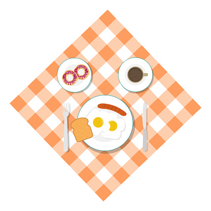Breakfast, breakfast food on a tablecloth, breakfast menu. Vector illustration. Vector.