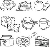 Sketch drawing of breakfast food in black and white