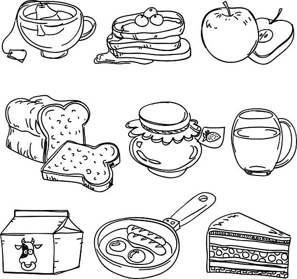 Breakfast collection in sketch style Sketch drawing of breakfast food in black and white breakfast drawings stock illustrations