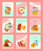 Breakfast concept set of cards or banners vector illustration. Healthy start day. Eating in the morning. Good morning. Fruit breakfast. Toast and egg. Coffee, porridge, fruits, milk. Brunch food.