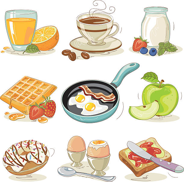 ilustrações de stock, clip art, desenhos animados e ícones de conjunto de elementos de design de pequeno-almoço - rabanada