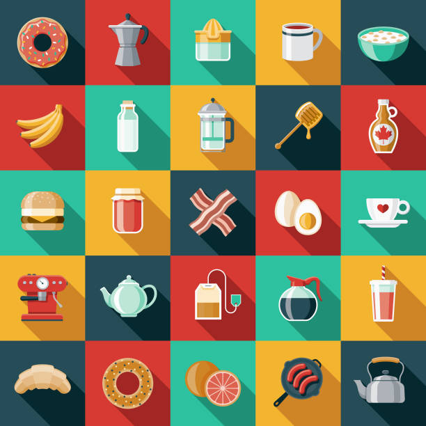 Breakfast Flat Design Icon Set A set of 25 breakfast food and beverage themed icons. File is built in the CMYK color space for optimal printing, and can easily be converted to RGB. Color swatches are global for quick and easy color changes throughout the entire set of icons. breakfast icons stock illustrations