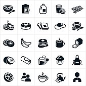 An icon set of different breakfast foods. The icons include cereal, coffee, milk, orange juice, bacon, waffles, donut, toast, egg, yogurt, bagel, bananas, pancakes, kiwi, breakfast burrito, tea, muffin, orange, grapefruit and people enjoying the food.