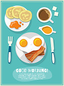 Breakfast poster with fried eggs bacon coffee icons and good morning text vector illustration