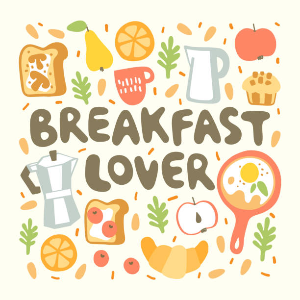 Breakfast lettering "breakfast lover" handwritten lettering. Inscription surround breakfast items food and drink in doodle style. Colorful tasty clipart. breakfast clipart stock illustrations