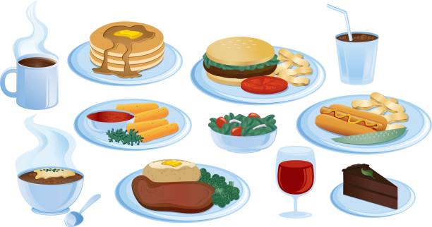 Breakfast, Lunch, Appetizers, Dinner, and Dessert vector art illustration