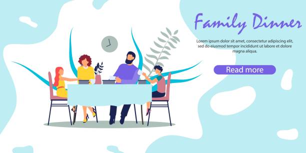 Breakfast or Supper Meal Happy Parents with Kids Breakfast or Supper Meal Happy Parents with Kids. Mother, Father, Daughter and Son Sitting at Table Eating Tasty Food. Love, Happiness, Family Values Cartoon Flat Vector Illustration Horizontal Banner family dinner stock illustrations