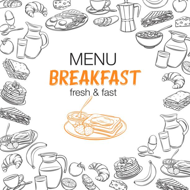breakfast outline banners Vector breakfast outline banners. Jug of milk, coffee pot, cup, juice, sandwich and fried eggs. Retro engraving style pancakes, toast with jam, croissant, cheese and flakes with milk for menu design breakfast drawings stock illustrations