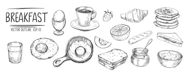 sarapan siap. telur, kopi, roti panggang, pancake. sketsa yang digambar dengan tangan dikonversi menjadi vektor - sarapan hidangan ilustrasi stok