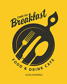 Morning menu or banner for a food and drink cafe. Monochrome vector banner on the theme of Breakfast time with fork, knife, spoon, frying pan and inscriptions on the yellow background in retro style