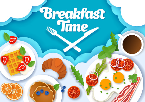 Breakfast time poster banner template, vector paper cut style top view illustration