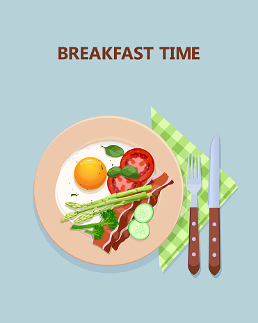 Breakfast time poster with scrambled eggs and vegetables