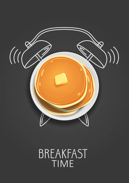 illustrazioni stock, clip art, cartoni animati e icone di tendenza di ora di colazione. pancake realistico con burro e sveglia dipinta. concetto. illustrazione vettoriale - pancake