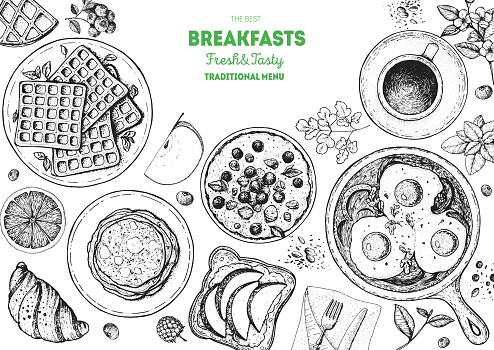 Breakfast top view frame. Morning food menu design. Breakfast dishes collection. Vintage hand drawn sketch, vector illustration. Engraved style.