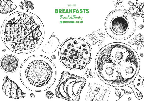 Breakfast top view frame. Morning food menu design. Breakfast dishes collection. Vintage hand drawn sketch, vector illustration. Engraved style. Breakfast top view frame. Morning food menu design. Breakfast dishes collection. Vintage hand drawn sketch, vector illustration. Engraved style. breakfast borders stock illustrations