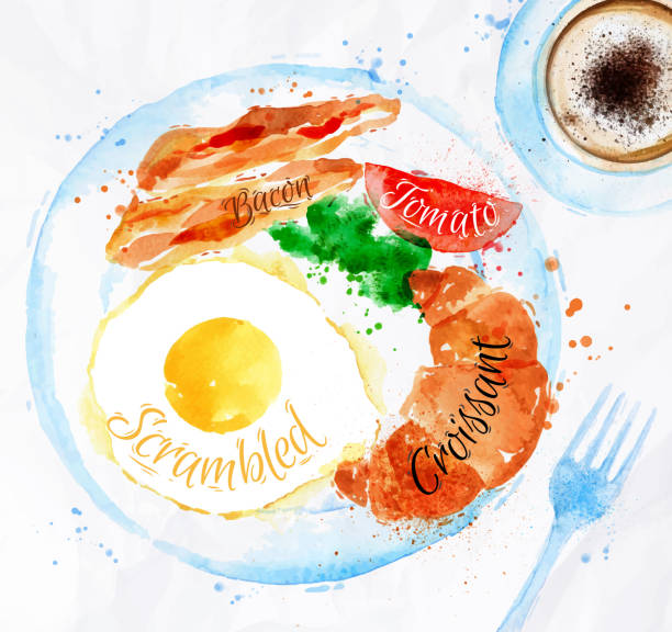 ilustrações de stock, clip art, desenhos animados e ícones de watercolors bacon do pequeno-almoço de ovos - rabanada