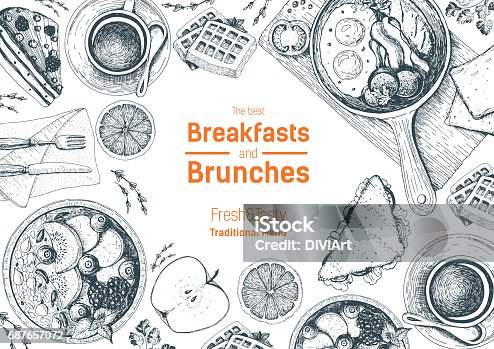 istock Breakfasts and brunches top view frame. Food menu design. Vintage hand drawn sketch vector illustration. 687657072