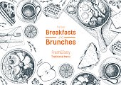 istock Breakfasts and brunches top view frame. Food menu design. Vintage hand drawn sketch vector illustration. 687657072