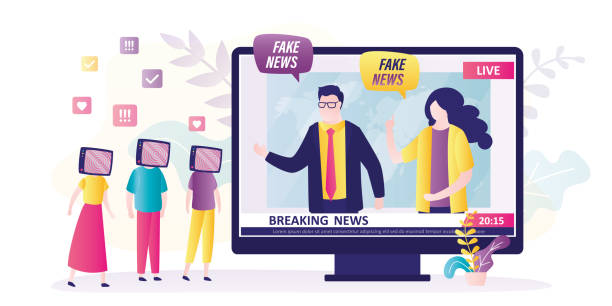 Breaking news anchors spread disinformation about world situation. Propagandists hypnotized crowd through mass media. Propaganda, people manipulation. Fake news broadcast. Breaking news anchors spread disinformation about world situation. Propagandists hypnotized crowd through mass media. Propaganda, people manipulation. Fake news broadcast. Flat vector illustration person hypnotized by mass media stock illustrations