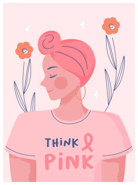 유방암 인식 달 개념. 손으로 그린 여자는 터번을 입고 텍스트 공간이분홍색 옷을 입고 핑크 배경 포스터 일러스트를 생각합니다. - breast cancer stock illustrations