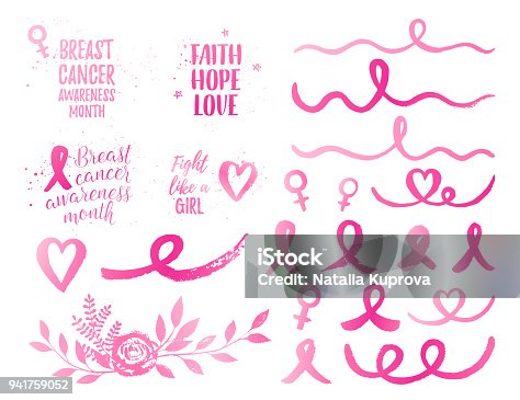 istock Breast Cancer Awareness Month ribbon, Faith Hope Love, Fight like a Girl banner, elements set. Vector pink gradient text on white background with ribbon, bow, bouquet, heart, wave. 941759052