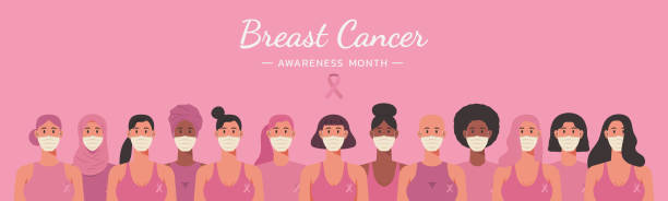 얼굴 마스크를 쓰고 있는 다양한 민족 여성 그룹이 있는 유방암 인식의 달 웹 배너 - breast cancer stock illustrations