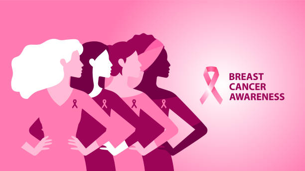 유방암 인식. 분홍색 배너. 다른 여성은 핑크 리본과 핑크 배경에 함께 있어. 지원, 정보 및 부드러운 도움의 개념. 현대 벡터 일러스트레이션. - breast cancer stock illustrations